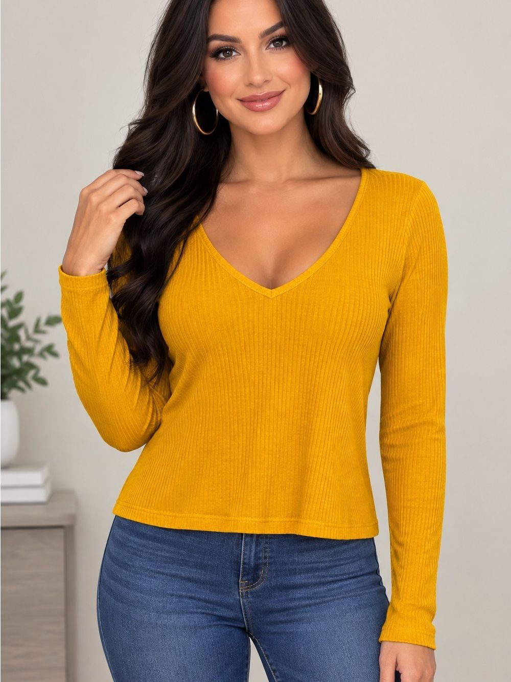 Love,Fire Top Women’s Size Large V-Neck Ribbed Long Sleeve Top in Mustard NWT !